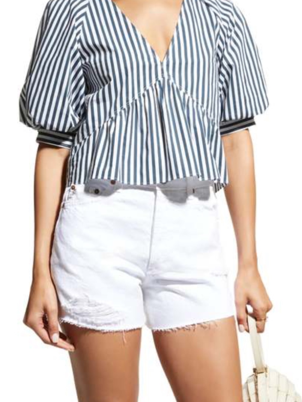 Women’s Sz. S NWT FRAME V Neck Puff Sleeve Top - Navy Stripe - Classic